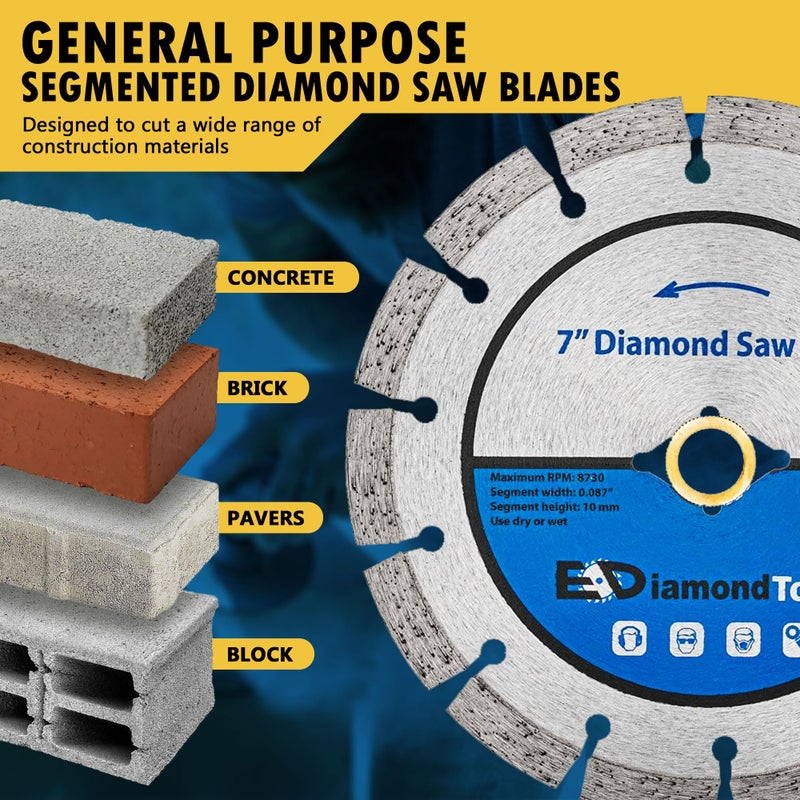 EDiamondTools 7" Segmented Diamond Saw Blade for Concrete, Brick, Block and Masonry, 10mm Segment Height, 7/8" Bushing w/Diamond Arbor - Image 2